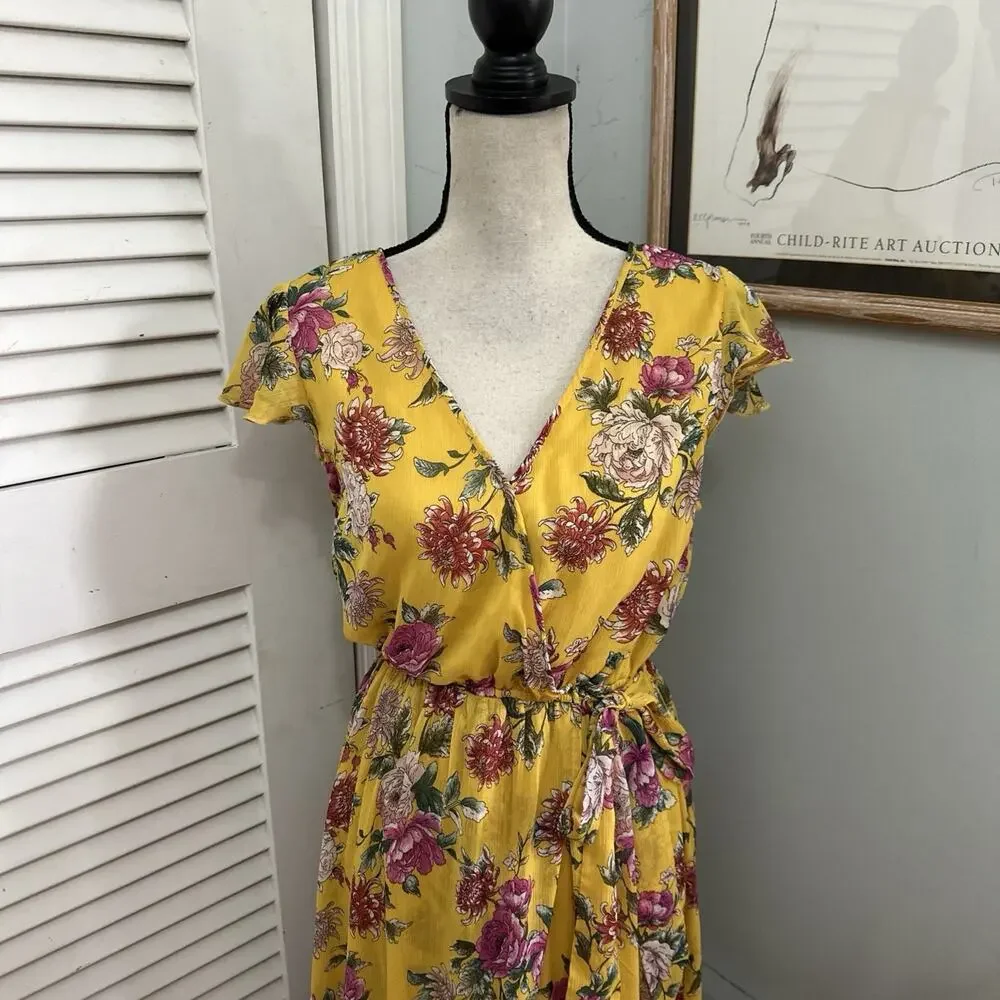 Band of Gypsies Dress Medium Yellow Floral Maxi Faux Wrap Garden Party Fairy - Picture 3 of 12